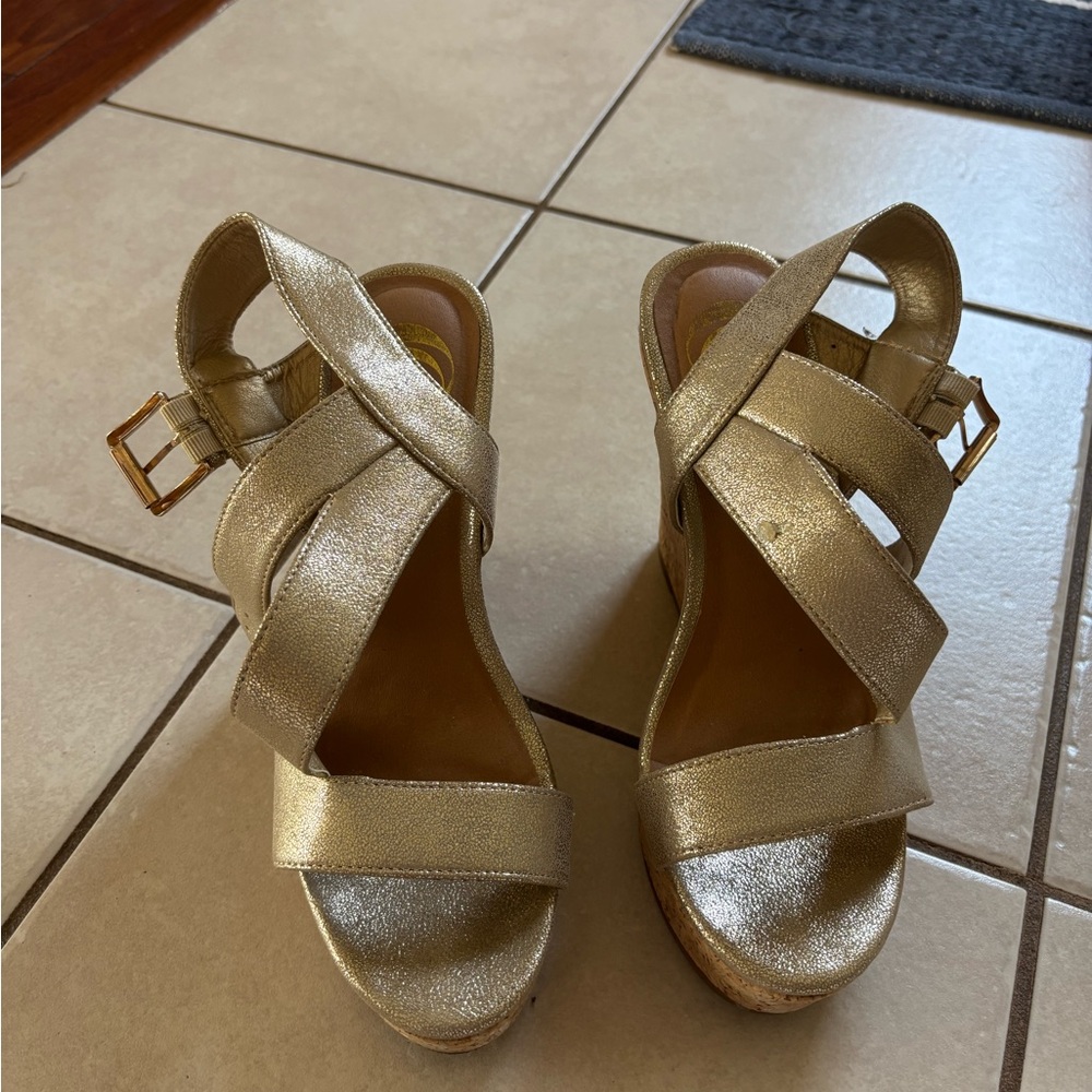 Gold metallic platform wedge sandals